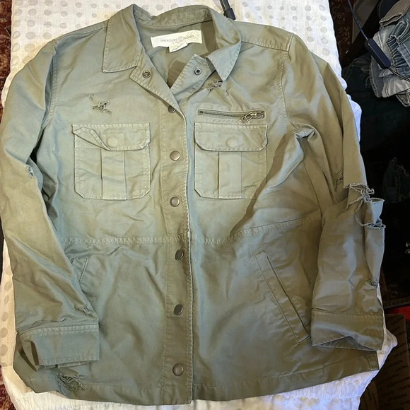 TREASURE & BOND STAND COLLAR COTTON TWIN JACKET IN GREEN BASIL L NWT - Picture 1 of 4